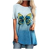 lustige Shirts Damen V-Ausschnitt Reißverschluss Schmetterling Drucken Langarm Positionierung T-Shirt Top Shirts Blusen XXL
