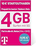 Telekom MagentaMobil Prepaid M SIM-Karte ohne Vertragsbindung, 5G inkl. I 4 GB & Allnet Flat (Min, SMS) in alle dt. Netze + EU-Roaming I Surfen mit 5G/ LTE Max & Hotspot Flat I 10 EUR Startguthaben