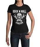 Modern Stylische Bekleidung Damen Shirt Motiv Rock n Roll T-Shirt Bones Tshirt Frauen Totenkopf Heavy Metal Rockige Kurzarm Horns Horn Grunge Clothes Vintage Punk Schwarz Weiß Rosa Grau (Schwarz, XL)
