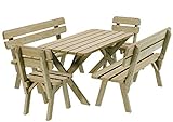 Gartengarnitur Holz Kiefer Sitzgruppe 120 cm breit Gartenbank Gartentisch massiv Imprägniert (Set 2 (Tisch + 2 Bänke + 2 Stühle), 120 cm)