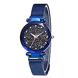 Damen-Armbanduhr, Sternenhimmel, modische elegante Damen-Quarz-Armbanduhr mit dünnem magnetischem Armband, aus Stahl und Armband, Damen, Blau + Armband