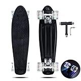 Vernbrin Skateboards Mini Cruiser Retro Skateboard, Complete Plastic Skateboard 22 Inch for Beginners Teenagers Adults, LED Light Wheels with All-in-One Skate T-Tool
