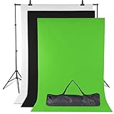 Fotostudio Hintergrund Ständer Set, 2mx1.6m Weiß Schwarz Grün, Greenscreen Mit 3x2m Verstellbar Ständer, 3 Klemmen und Tragetasche, Fotografie für Foto Videoaufnahme, 2×1.6 m