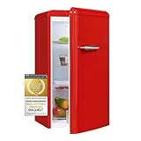 Exquisit Retrokühlschrank RKS100-V-H-160F rot | Standgerät | 94 l Volumen | Rot | Retro | Türablagen und Glasablagen | Kühlen | LED-Licht | Freistehend