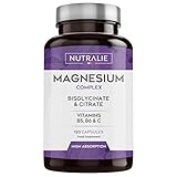 Magnesium und Vitamin B5, B6 und C | Magnesiumbisglycinat und Magnesiumcitrat 100% Bioverfügbarkeit | 120 Kapseln , 108g | Nutralie