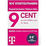 Telekom MagentaMobil Prepaid Basic SIM-Karte ohne Vertragsbindung I 9 Ct pro Min und SMS in alle dt. Netze, EU-Roaming I Dayflat für Highspeed-Surfen mit LTE Max (1,49 EUR/24h) 10 EUR Startguthaben