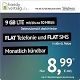 handyvertrag.de LTE All 9 GB - monatlich kündbar (Flat Internet 9 GB LTE mit max. 50 MBit/s mit deaktivierbarer Datenautomatik, Flat Telefonie, Flat SMS und EU-Ausland, 8,99 Euro/Monat), 4260222788193