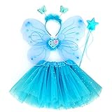EQLEF Fee Kostüm Kinder, Tutu Wings Schmetterlingsflügel Set Fee Prinzessin Wings Kostüm für Mädchen Mädchen Partykostüm (Blau)