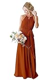 Damen Neckholder Plissee Chiffon Lange Brautjungfernkleider mit Taschen Formelle Kleider Abend Party Kleid, burnt orange, 40