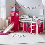 Homestyle4u 2577, Kinderhochbett Weiß 90 x 200cm Holz Kiefer Kinderbett pink mit Rutsche Turm Leiter Lattenrost Vorhang