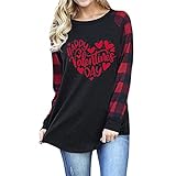 TTWOMEN Damen Plaid Stitching Love Print T-Shirt Tops Mode Rundhals Langarm Lose Bluse Shirts