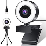 TFUFR Webcam USB mit Mikrofon für PC, 1080P HD verstellbares Ringlicht Webcam mit kostenlosem Stativ und fortschrittlichem Autofokus für Mac, Laptop, Plug & Play, Xbox, Studieren und Konferenzen