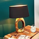 Lindby Tischlampe/Tischleuchte Schwarz-Gold, Nachttischlampe Keramik Textil, 1x E27 max. 60W, ohne Leuchtmittel, Wohnzimmer, Schlafzimmer