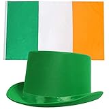 Irische Flagge und Hut, 91 x 152 cm, Irland-Flagge + grüner Satin-Zylinderhut – Irland-Kostüm-Zubehör-Set – perfekt für St. Patricks Day oder Sport-Fans (Einheitsgröße)