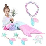 CHMMY Kinder Meerjungfrau Decke, Meerjungfrau Geburtstag Deko Armband Ring Ohrclip, Schlafzimmer Wohnzimmer Sofa Farbverlauf Warme Decke Mädchen Schlafsack für Geburtstagsgeschenk