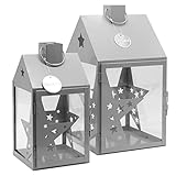 Dekovita 2er-Set Metall-Laterne 30cm/38cm - Gartenlaterne mit Glas-Scheiben - Windlicht Sterne Lichthaus