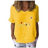 Damen Tops Casual Kurzarm T-Shirt mit Blumenmuster V-Ausschnitt Baumwolle Leinen Lose Tunika Bluse(XL,Gelb)