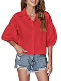 LYANER Damen Kragen V-Ausschnitt Knopfleiste Laterne Kurzarm Bluse Crop Top Shirt, Rot/Ausflug, einfarbig (Getaway Solids), X-Klein