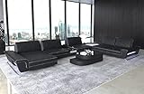 XXL Sofa Wohnlandschaft Ferrara das Ledersofa in U Form mit USB und Beleuchtung inklusive Kopfstützen Couch modern (Ottomane Links, Schwarz-Weiß)