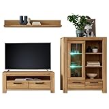 Wohnwand Wohnmöbel Set Eiche massiv geölt 3-teilig, 1 Wandboard, 1 Lowboard, 1 Highboard, inkl. LED-Beleuchtung | Echtholz/M
