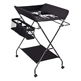 Wickeltisch klappbar, Mobile Wickelkommode mit Rollen und Aufbewahrungskorb, Höhenverstellbar, Wickelauflage Für Babys bis 12 Monaten (Schwarz)