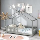 KEEPREAPER Kinderbett Hausbett 90x200cm, Holzbett mit Zaun und Lattenrost & Rausfallschutz für Kinder und Jugend, Grau ohne M