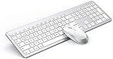 seenda Tastatur Maus Set Kabellos, Ultra-Dünne Wiederaufladbare Tastatur Maus Set, Ergonomische Tastatur Kabellos mit Silikon Staubschutz für PC/Laptop/Smart TV, QWERTZ Layout Weiß und Silber