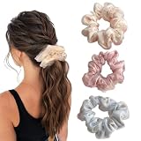 Aikeis 3 Stück Blumen-Mesh-Dickdarm-Haargummi für Frauen und Mädchen, romantisches ästhetisches Stirnband, übergroßer Chiffon, elastisch und süß (Rosa, Beige, Blau)