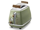 De'Longhi Toaster Icona Vintage CTOV2103.GR - 2-Schlitz-Toaster mit Brötchenaufsatz, Edelstahl in elegantem Retro Look mit Chrom-Details, grün