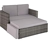 TecTake Sofa Set - 2 Sitzer Sessel mit Hocker und Schlaffunktion, kleine Rattan Couch als Outdoor Gartenmöbel, wetterfest für Lounge, Balkon und Garten, klappbar mit imprägnierten Polstern