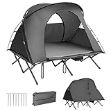 GOPLUS 4 in 1 Campingzelt mit Feldbett, Faltbares Kuppelzelt mit Aufblasbarer Matratze & Regenabdeckung für 2 Personen, Zelt mit Netzfenster & Tragetasche, 194 × 146 × 160 cm (Grau)