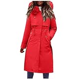 Damen Wintermantel Daunenjacke Wattierte Jacken Mittellange Taille Solide Weich Kapuzen Kragen Gepolstert Langarm Jacke, rot, 48