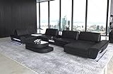 Ledersofa Ferrara als U-Form Wohnlandschaft mit USB Beleuchtung Sofa mit Kopfstützen Designersofa Couch (Ottomane rechts, Black)