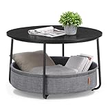 VASAGLE Couchtisch rund, Tisch mit Stauraum, Beistelltisch, Wohnzimmertisch mit Korb aus Stoff, modern, Metallrahmen, tintenschwarz-schiefergrau LCT244B56