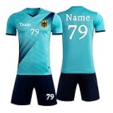 Personifizieren Fußball Trikot Kinder Jungs mit Namen Nummber Team Logo Home Auswärts Trikot with Sponsor T-Shirt (Hellblau)
