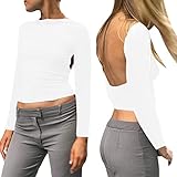 Briskorry Damen Crop Tops Y2K Langarm Top Sexy Rücken Cut Out Oberteile Sommer Langarmshirt Mesh Rückenfrei Cropped Tee Damentop Aesthetic Outfits Party Streetw