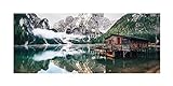 Glasbild Tyrol 50 x 125 cm I Pragser Wildsee Südtirol Lago di Braies Italien I Wandbild aus Glas I Bild Wohnzimmer Schlafzimmer Küche I Berge Bergsee Natur XXL groß Berghütte Berglandschaft