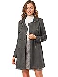 Allegra K Damen Trenchcoat mit gekerbtem Revers, zweireihig, Kunstwildleder, Jacke mit Gürtel, dunkelgrau, 46
