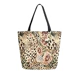 Canvas Tote Bags Vintage Leopard Animal Rose Flower Print Shoulder Casual Book Bag Reusable Food Tote Bag for Women Men Work Travel Purse Shopping Handbag