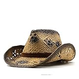 Sommer handgemachte natürliche Frauen Sonnenhüte Männer Cowboy Strohhüte Mädchen Vintage Strand Panama Hüte Chapeu Feminino Fedoras Jazz Hut (Color : Khaki Black, Size : 56-58CM)