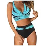 Hauetro tagesangebote Heute Bikini Set Damen Sexy V Ausschnitt Triangel Bademode Badeanzug Hohe Taille Bauchweg Farbblock Zweiteiliger Badeanzüge mit Kordelzug Sommer Bikinis für F