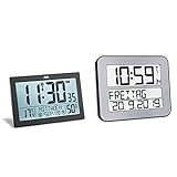ADE Funk-Uhr CK1927 Funk-Wecker große Ziffern LCD-Display mit Beleuchtung, schwarz & TFA Dostmann Timeline Max Funkuhr, Silber, 60.4512.54,L 258 x B 30 (120) x H 212 mm