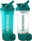 KICHLY [2-Pack] Klassische Protein Shaker mit BlenderBall (700ml) - Shaker proteinshake mit Verdrehen und sichern Box Aufbewahrung für protein pulver - Perfekte fitness flasche (Blaugrüne und Klar)