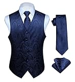 Hisdern Manner Paisley Floral Jacquard Weste & Krawatte und Einstecktuch Weste Anzug Set, Navy Blau, Gr.-XL (Brust 48 Zoll)
