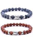 Buddhistische Perlenarmband – Zwei Armbänder aus natürlichen Perlen mit Buddha-Amulett und Chakra-Schutzstein – Armband für Paare, Energieperlen - Bleu et Marron