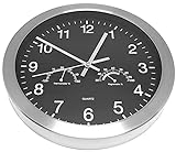 Wanduhr Schwarz 30 cm mit Temperatur und Luftfeuchtigkeit Anzeige, Glas mit Edelstahl Rahmen, Uhr Design Modern Silber-Schwarz Deluxe