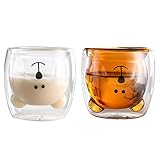 Formemory 2 Stück Süße tassen Bear Kaffee Teegläser Trinkgläser Kaffeeglas Doppelwandige Isoliergläser Espressotasse Katze Becher | Kreative Milchbecher Tee Whisky Glas Tasse Geschenk Tassen