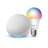 Echo Dot (5. Gen, 2022) mit Uhr, Weiß + TP-Link Tapo Mehrfarbrige dimmbare smarte WLAN lampe (E27), Funktionert mit Alexa - Smart Home-Einsteigerpaket