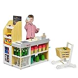 DREAMADE Supermarket mit Einkaufswagen & Kasse & Kreidetafel & Holzwährung, Kaufladen aus Holz, Kaufmannsladen für Kinder ab 3 Jahren