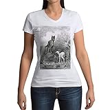 Damen T-Shirt mit V-Ausschnit aus Bio-Baumwolle Der Wolf und das Lamm Fabel La Fontaine Gustave Dore Gravur